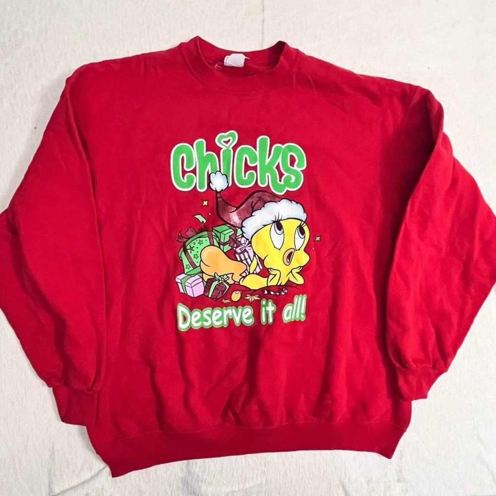 Looney Tunes Tweety Christmas Sweatshirt Chicks Deserve‎ It All Red XL